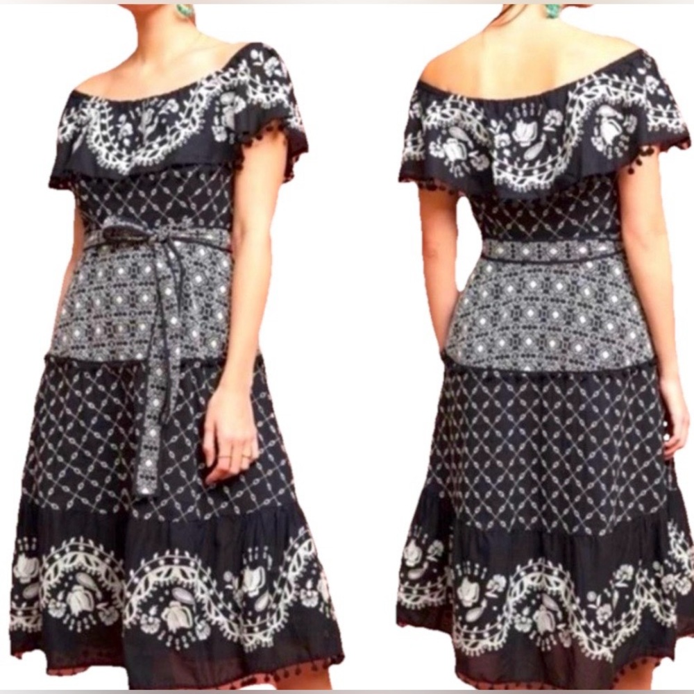Anthropologie Black and White Off-Shoulder Midi Dress